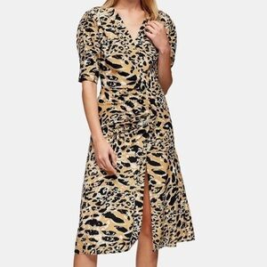 TopShop Leopard Dress Mock Wrap Midi Dress Animal Print Short Sleeve 8
